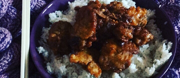 A Bowl of Crispy Chilli Beef - The beef is served on white rice in a purple bowl resting on a snuggly purple mermaid blanket with chopsticks to the left